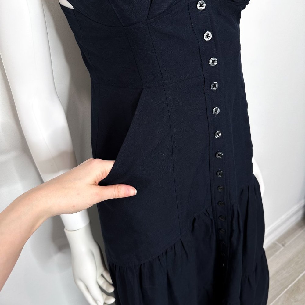 A.L.C. Jolie Silk & Linen Blend Tiered Button Front Midi Dress in Navy Blue Sz 2 - Picture 7 of 16